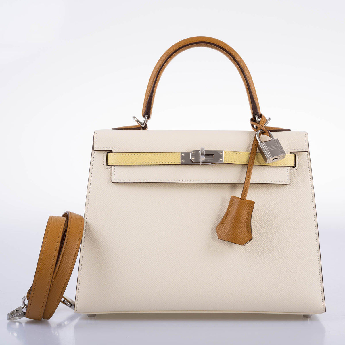 Hermes Kelly 25 Sellier Limited Edition Tri-Color Nata, Jaune Poussin and Sesame Epsom Palladium Hardware Hermes