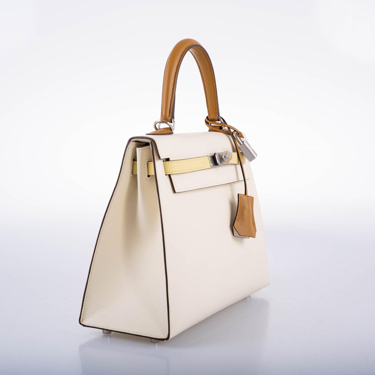 Hermes Kelly 25 Sellier Limited Edition Tri-Color Nata, Jaune Poussin and Sesame Epsom Palladium Hardware Hermes