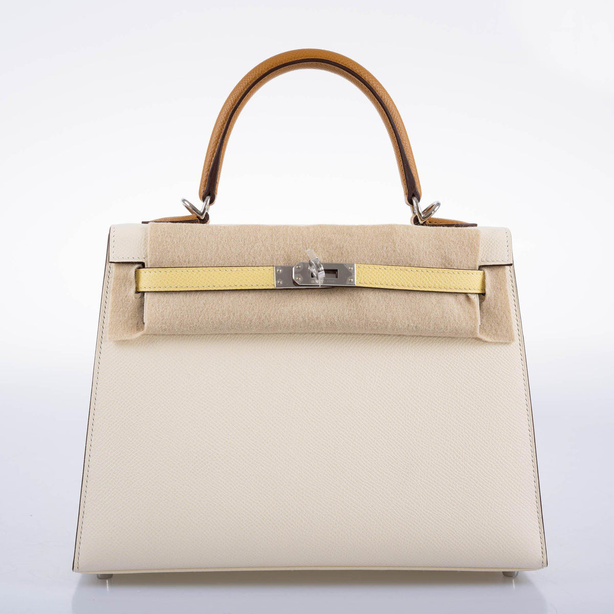 Hermes Kelly 25 Sellier Limited Edition Tri-Color Nata, Jaune Poussin and Sesame Epsom Palladium Hardware Hermes