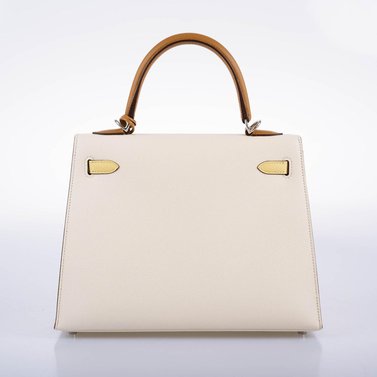 Hermes Kelly 25 Sellier Limited Edition Tri-Color Nata, Jaune Poussin and Sesame Epsom Palladium Hardware Hermes