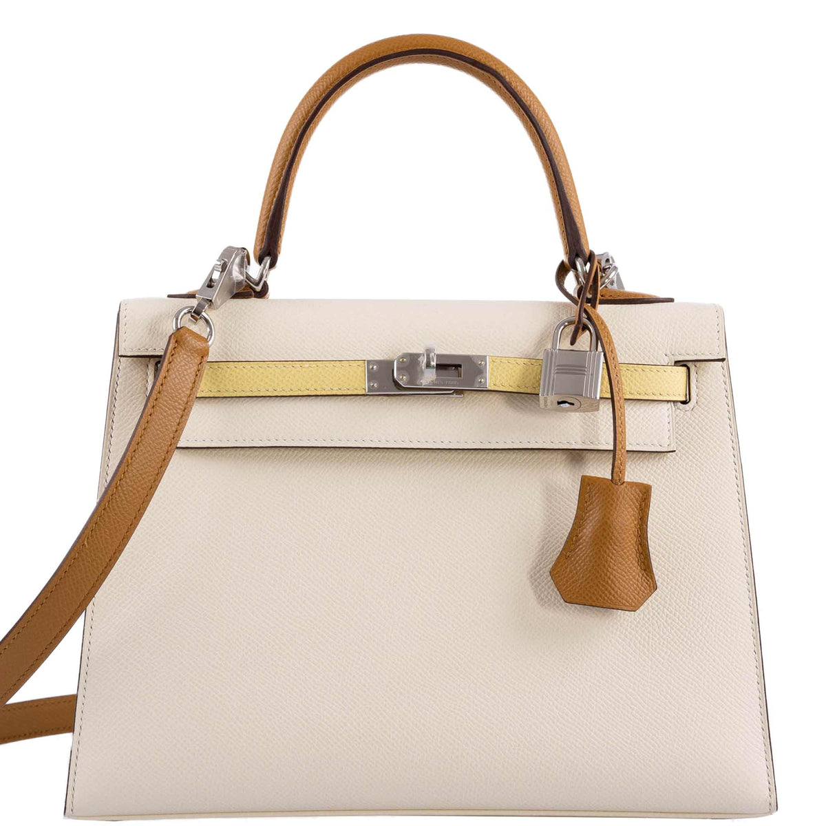 Hermes Kelly 25 Sellier Limited Edition Tri-Color Nata, Jaune Poussin and Sesame Epsom Palladium Hardware Hermes