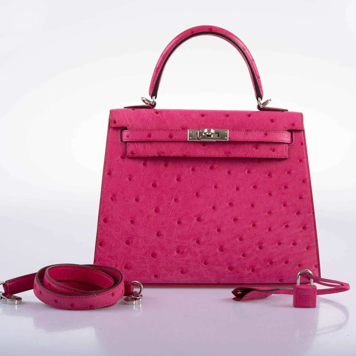 Hermes Kelly 25 Sellier Rose Tyrien Ostrich with Palladium Hardware Hermes