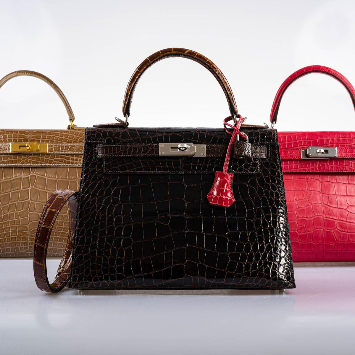 Hermes Kelly 28 Sellier Macassar, Ebene, Miel and Rose Extreme Alligator Palladium Hardware Hermes