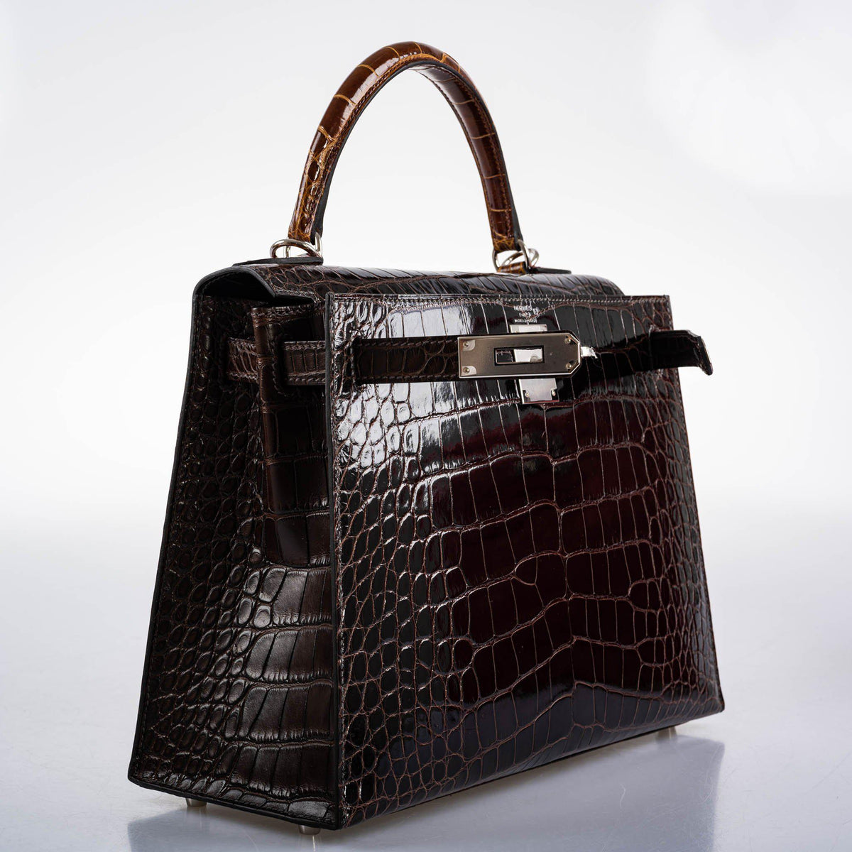 Hermes Kelly 28 Sellier Macassar, Ebene, Miel and Rose Extreme Alligator Palladium Hardware Hermes