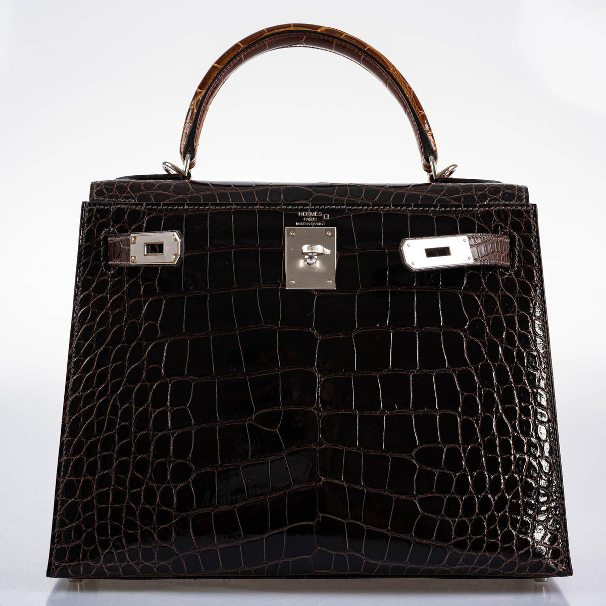 Hermes Kelly 28 Sellier Macassar, Ebene, Miel and Rose Extreme Alligator Palladium Hardware Hermes