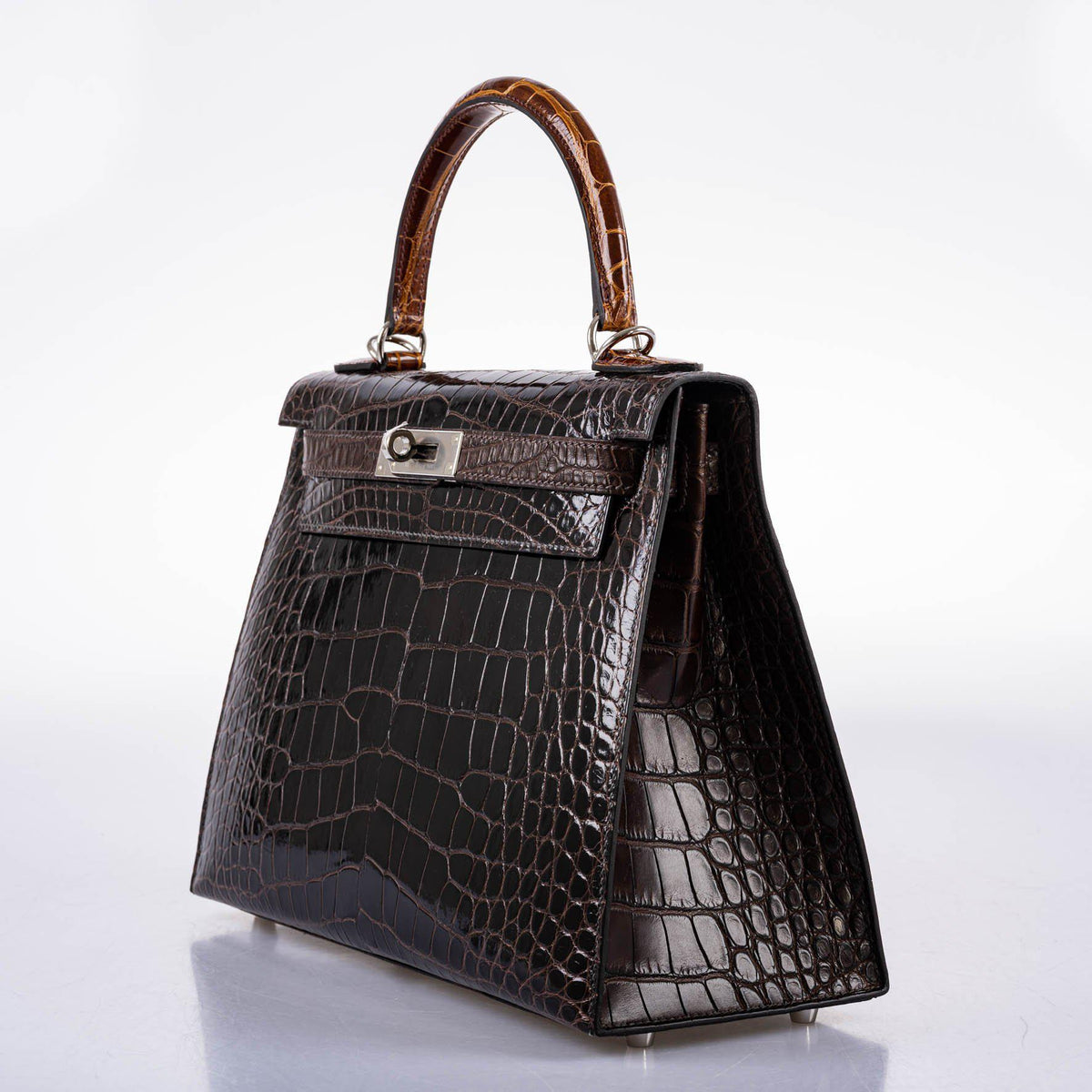Hermes Kelly 28 Sellier Macassar, Ebene, Miel and Rose Extreme Alligator Palladium Hardware Hermes