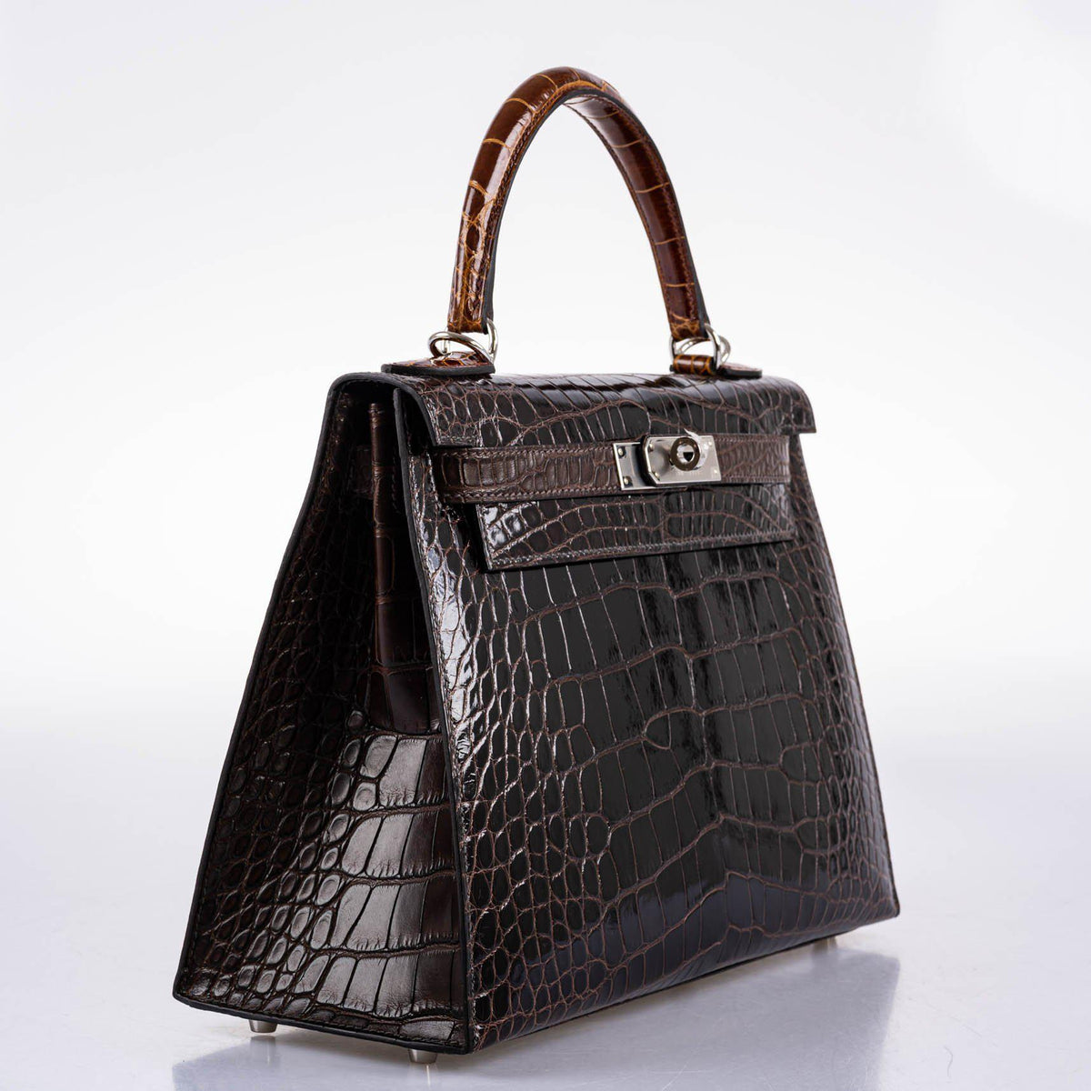 Hermes Kelly 28 Sellier Macassar, Ebene, Miel and Rose Extreme Alligator Palladium Hardware Hermes