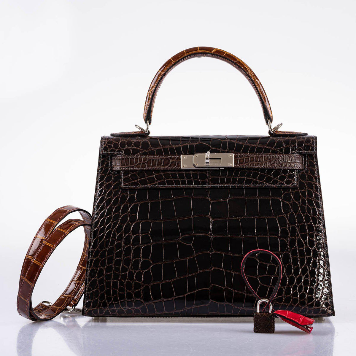 Hermes Kelly 28 Sellier Macassar, Ebene, Miel and Rose Extreme Alligator Palladium Hardware Hermes