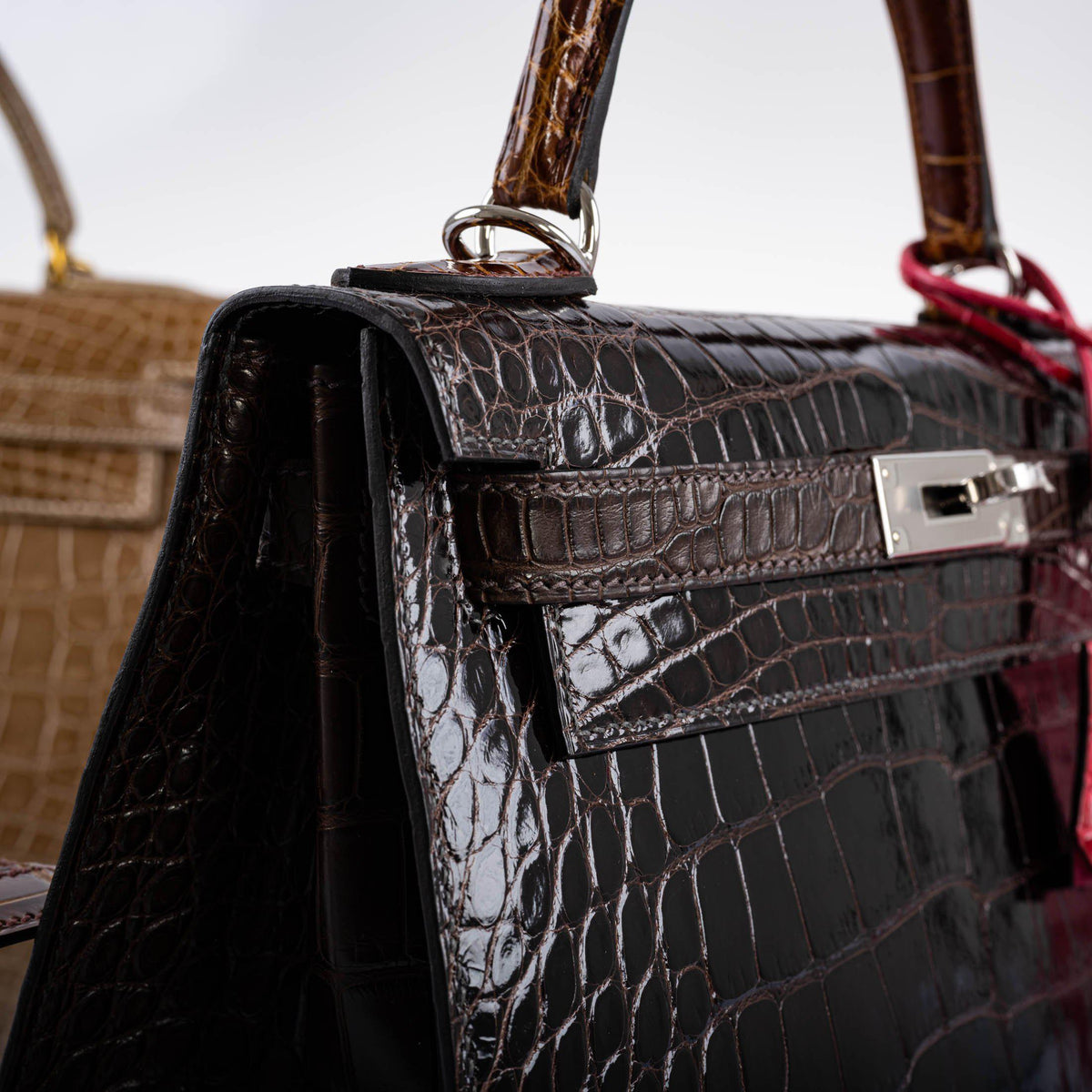 Hermes Kelly 28 Sellier Macassar, Ebene, Miel and Rose Extreme Alligator Palladium Hardware Hermes