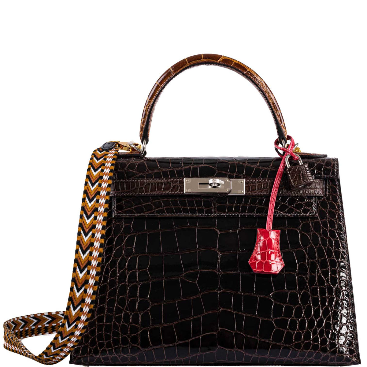 Hermes Kelly 28 Sellier Macassar, Ebene, Miel and Rose Extreme Alligator Palladium Hardware Hermes