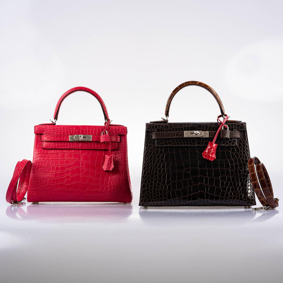 Hermes Kelly 28 Sellier Macassar, Ebene, Miel and Rose Extreme Alligator Palladium Hardware Hermes