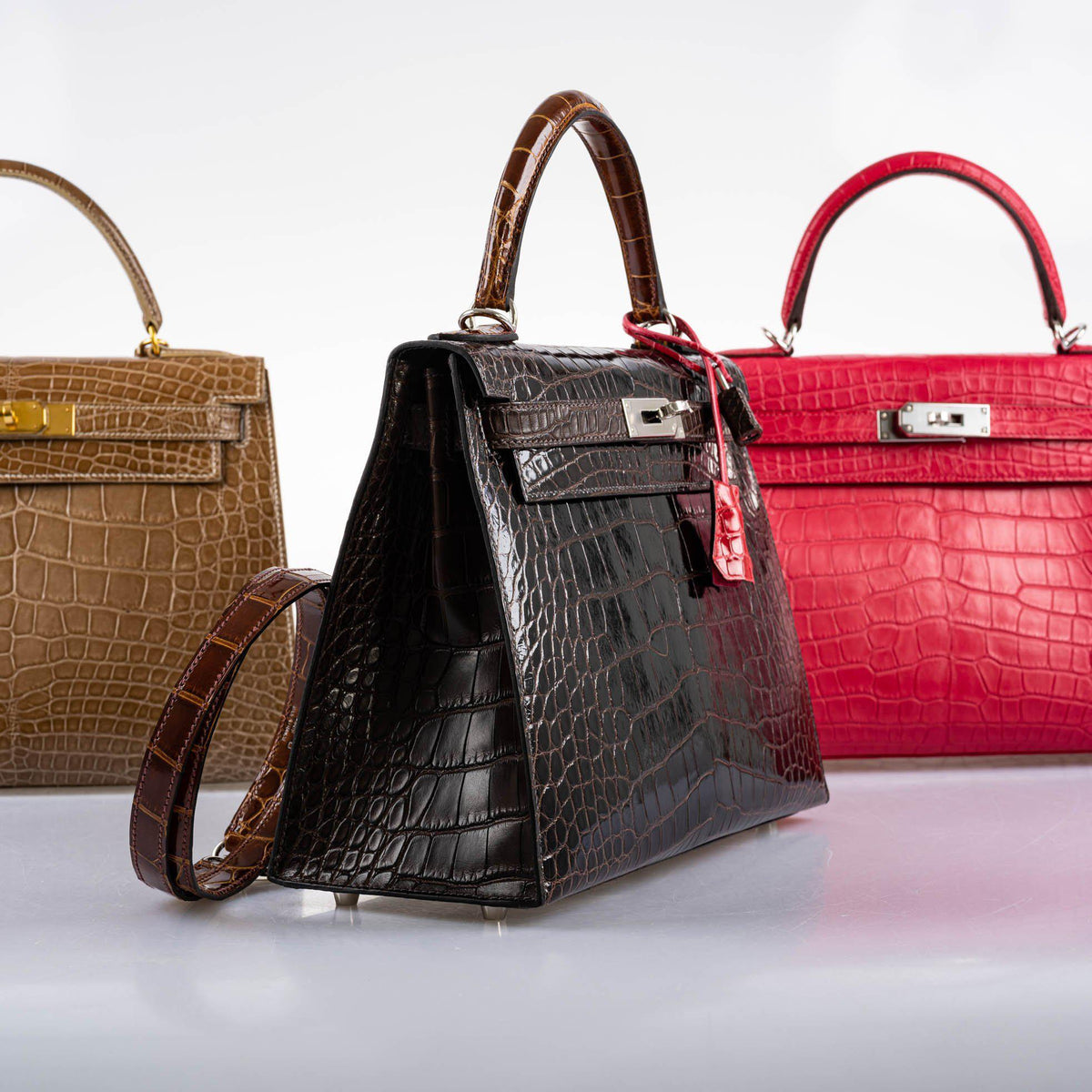 Hermes Kelly 28 Sellier Macassar, Ebene, Miel and Rose Extreme Alligator Palladium Hardware Hermes