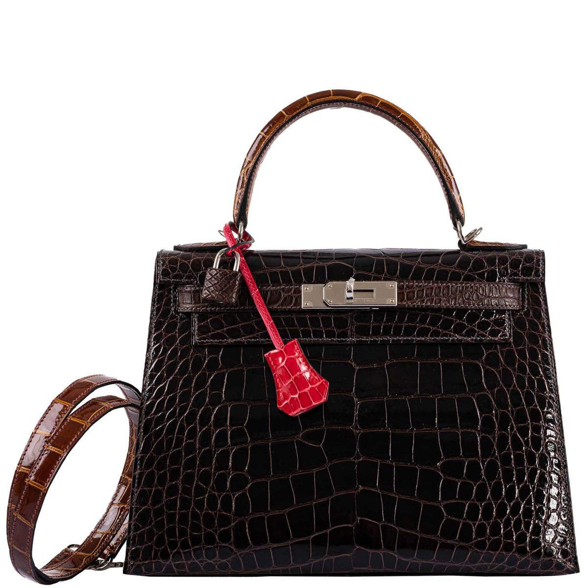 Hermes Kelly 28 Sellier Macassar, Ebene, Miel and Rose Extreme Alligator Palladium Hardware Hermes