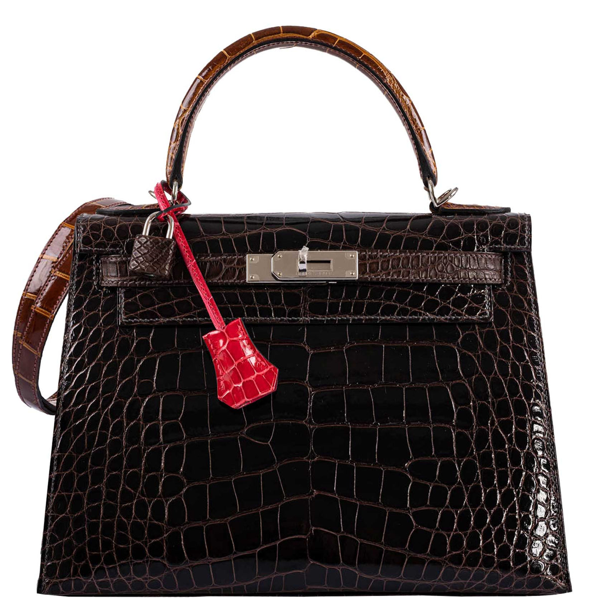 Hermes Kelly 28 Sellier Macassar, Ebene, Miel and Rose Extreme Alligator Palladium Hardware Hermes