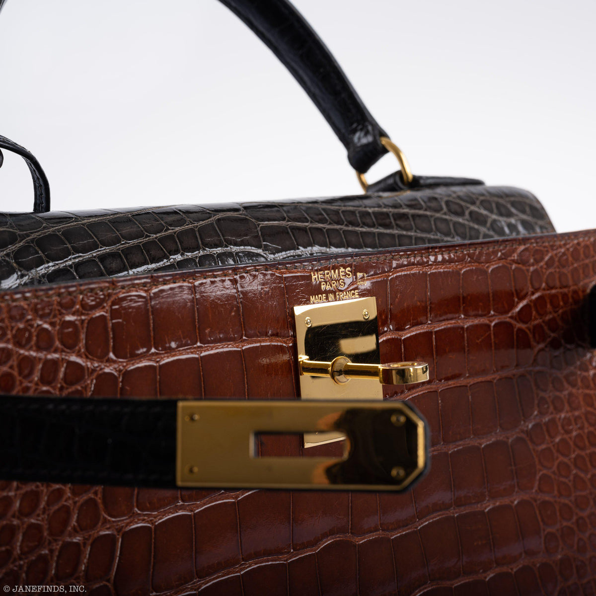 Hermes Kelly 28 Sellier Miel, Graphite & Black Alligator with Gold Hardware Hermes