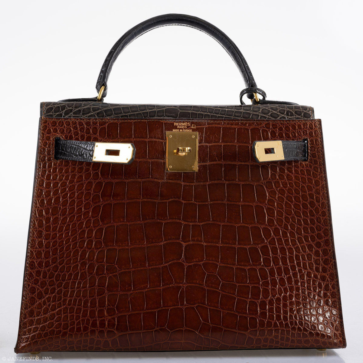 Hermes Kelly 28 Sellier Miel, Graphite & Black Alligator with Gold Hardware Hermes
