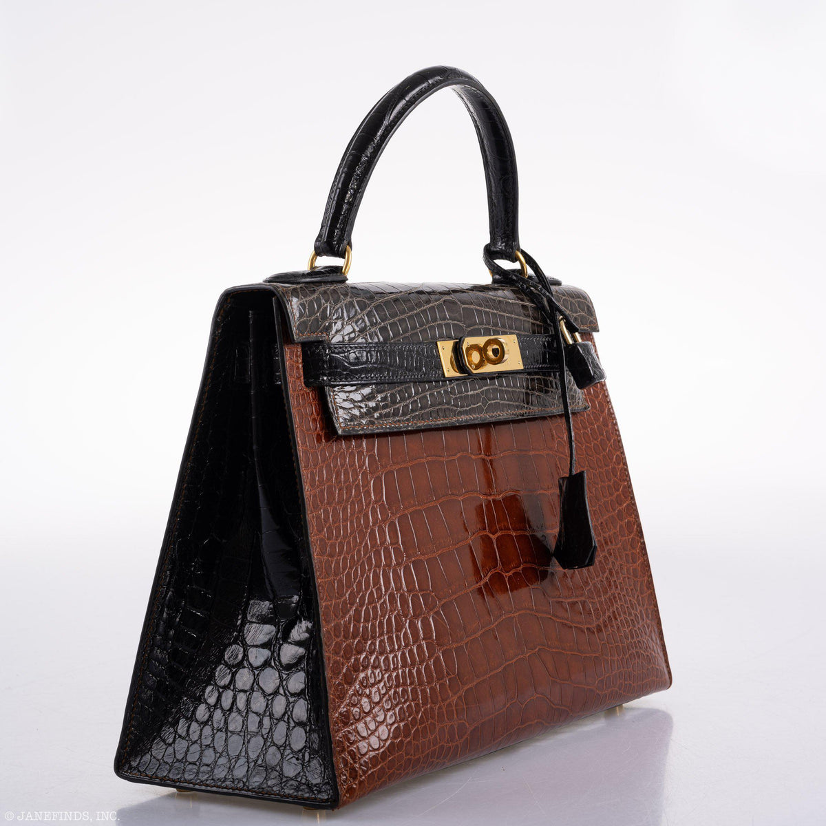 Hermes Kelly 28 Sellier Miel, Graphite & Black Alligator with Gold Hardware Hermes