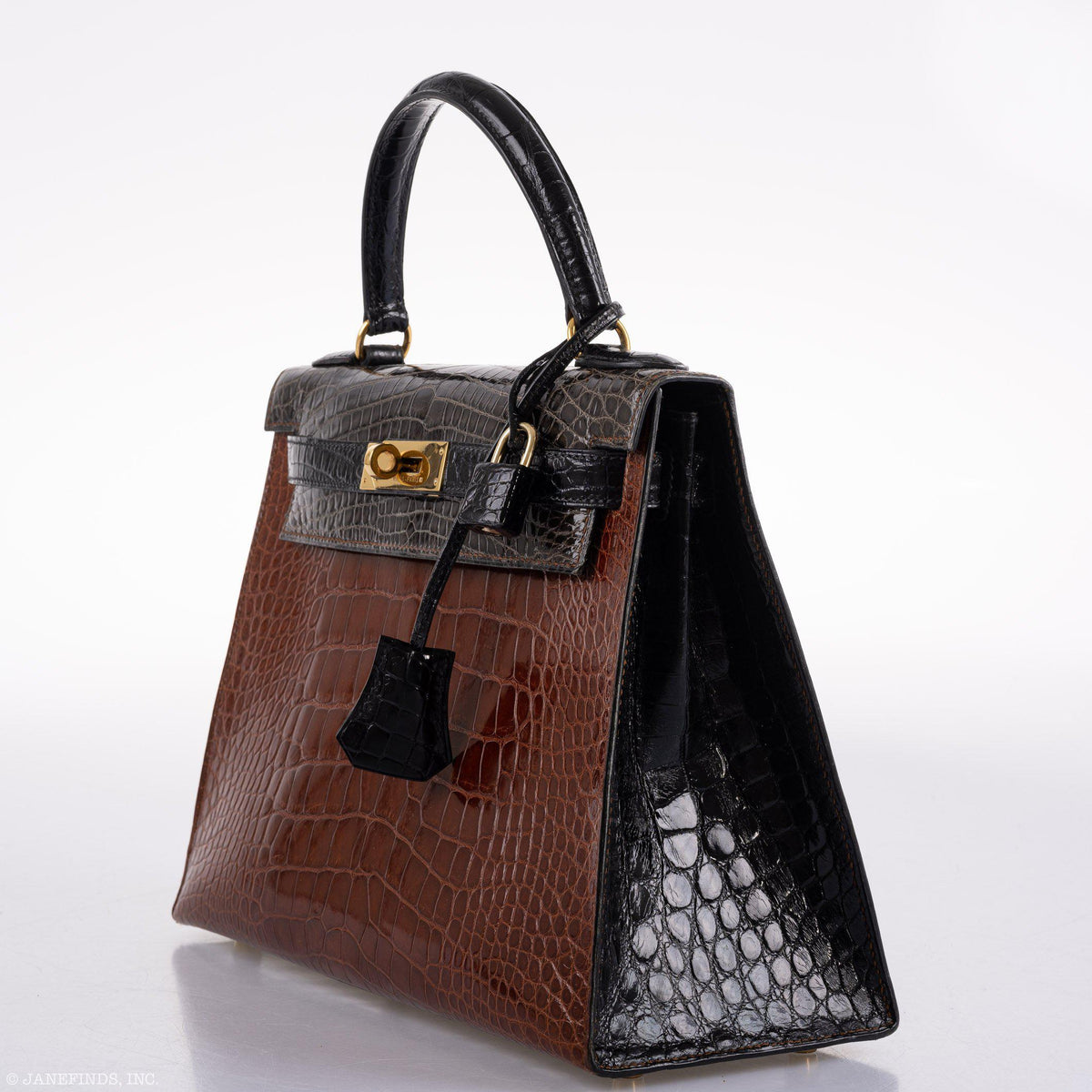 Hermes Kelly 28 Sellier Miel, Graphite & Black Alligator with Gold Hardware Hermes