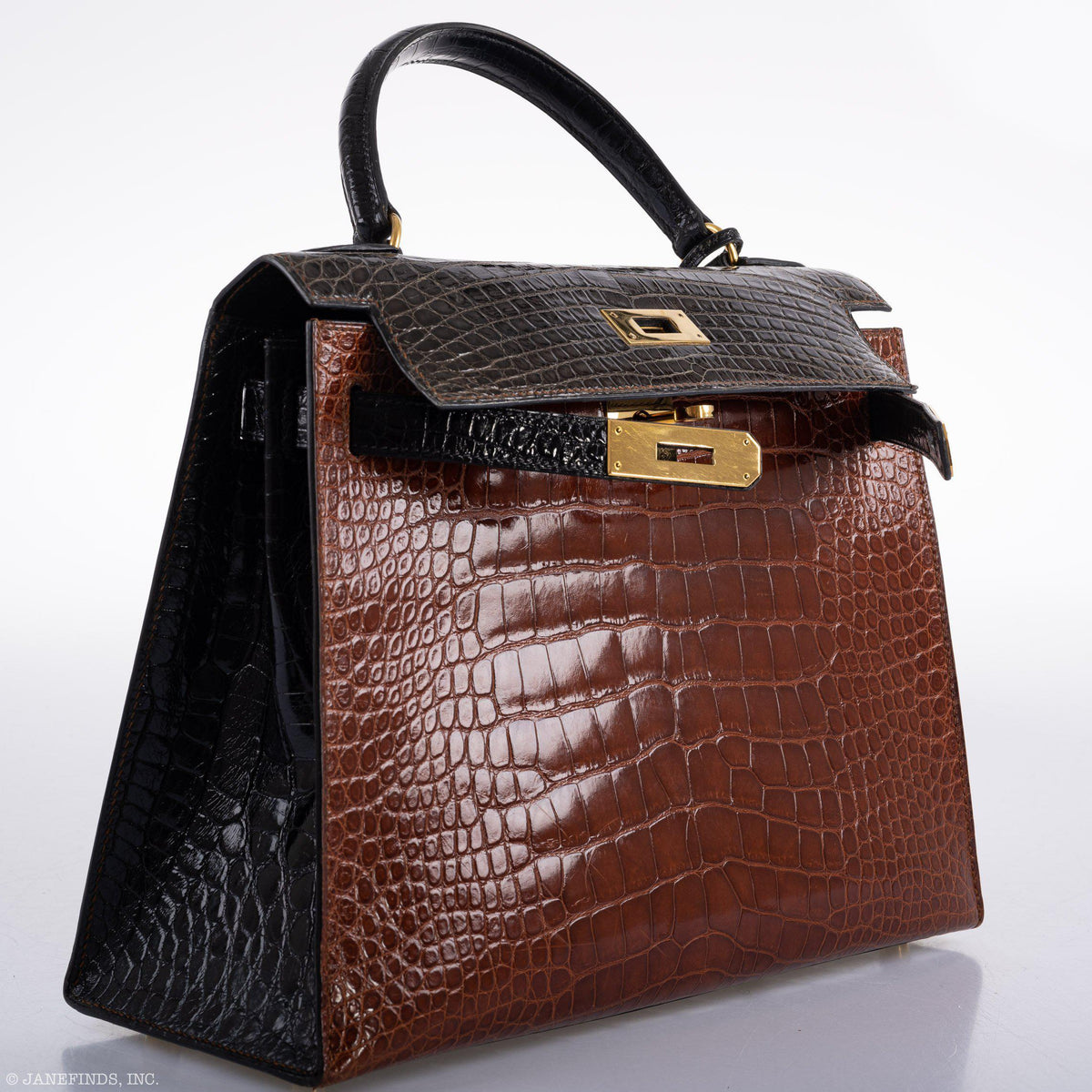Hermes Kelly 28 Sellier Miel, Graphite & Black Alligator with Gold Hardware Hermes