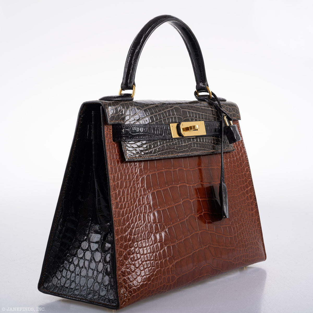 Hermes Kelly 28 Sellier Miel, Graphite & Black Alligator with Gold Hardware Hermes