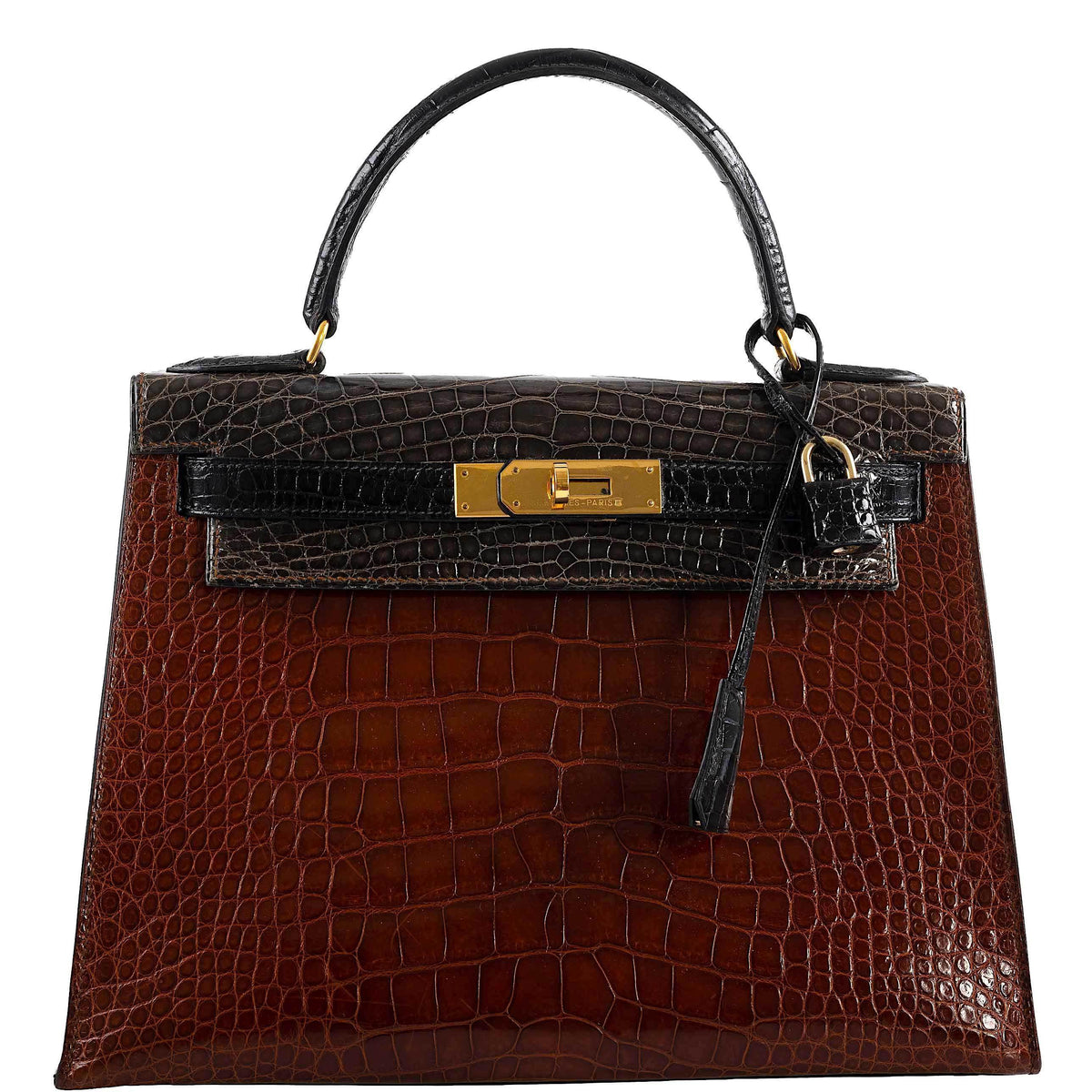 Hermes Kelly 28 Sellier Miel, Graphite & Black Alligator with Gold Hardware Hermes