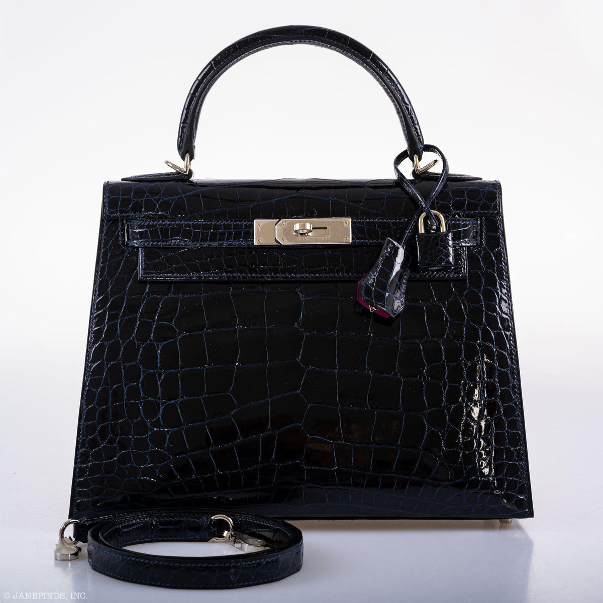 Hermes Kelly 28 Sellier Verso Blue Marine Nilo Crocodile & Rose Scheherazade Palladium Hardware Hermes