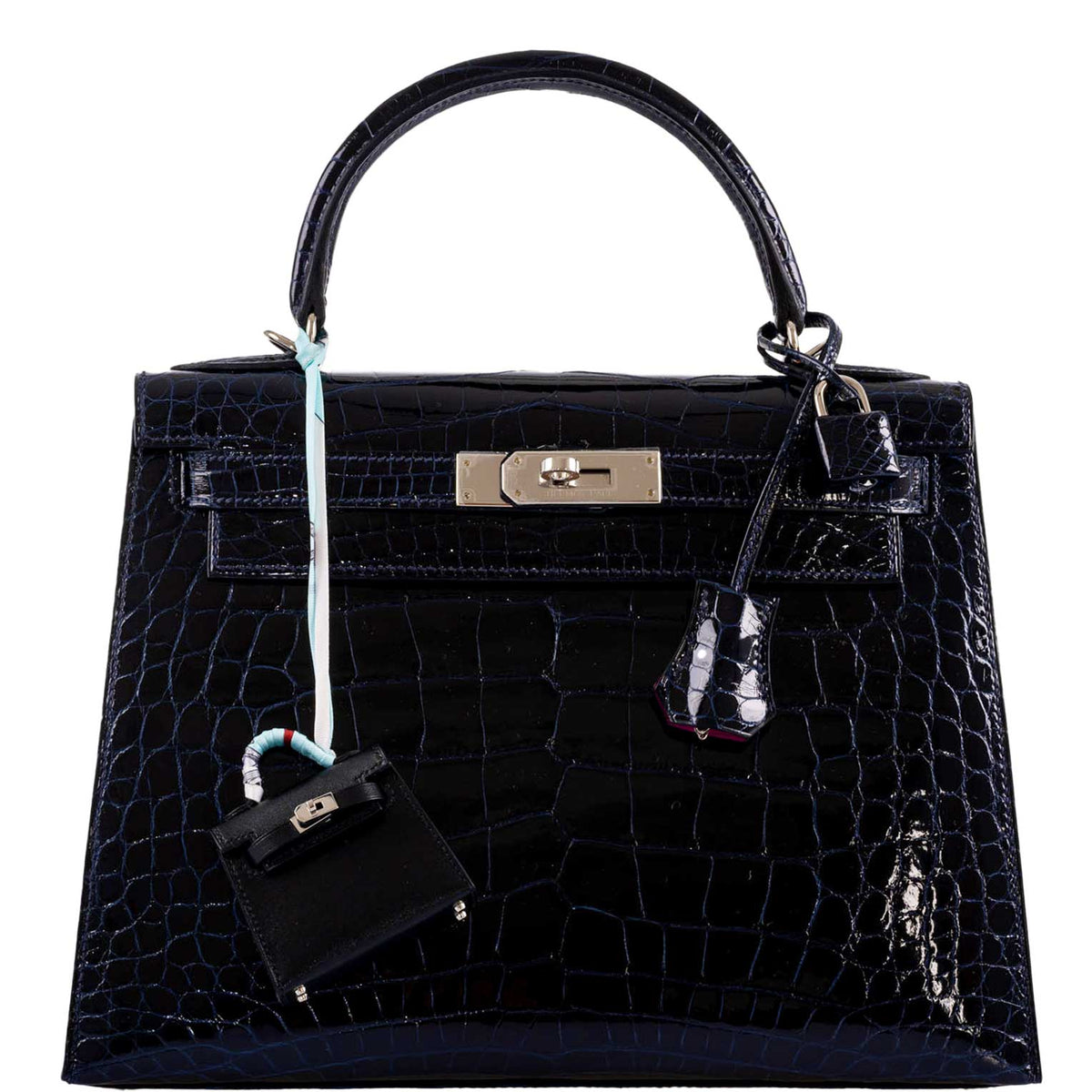 Hermes Kelly 28 Sellier Verso Blue Marine Nilo Crocodile & Rose Scheherazade Palladium Hardware Hermes