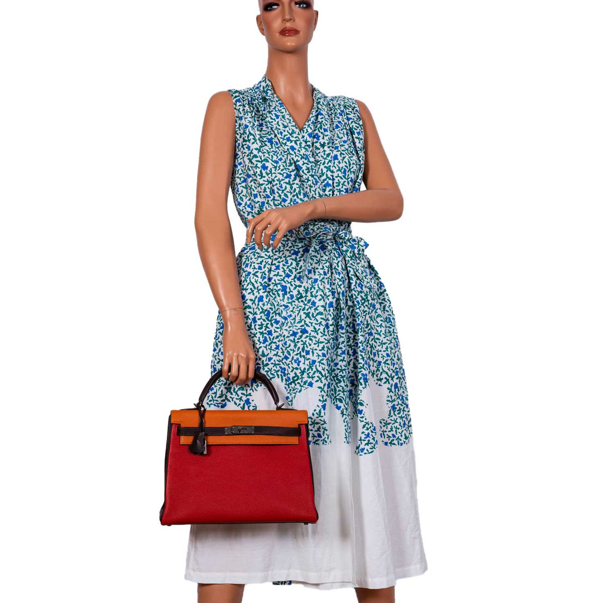 Hermes Kelly 32 Retourne Orange H, Rouge Vif & Ebene Togo with Ruthenium Hardware Hermes