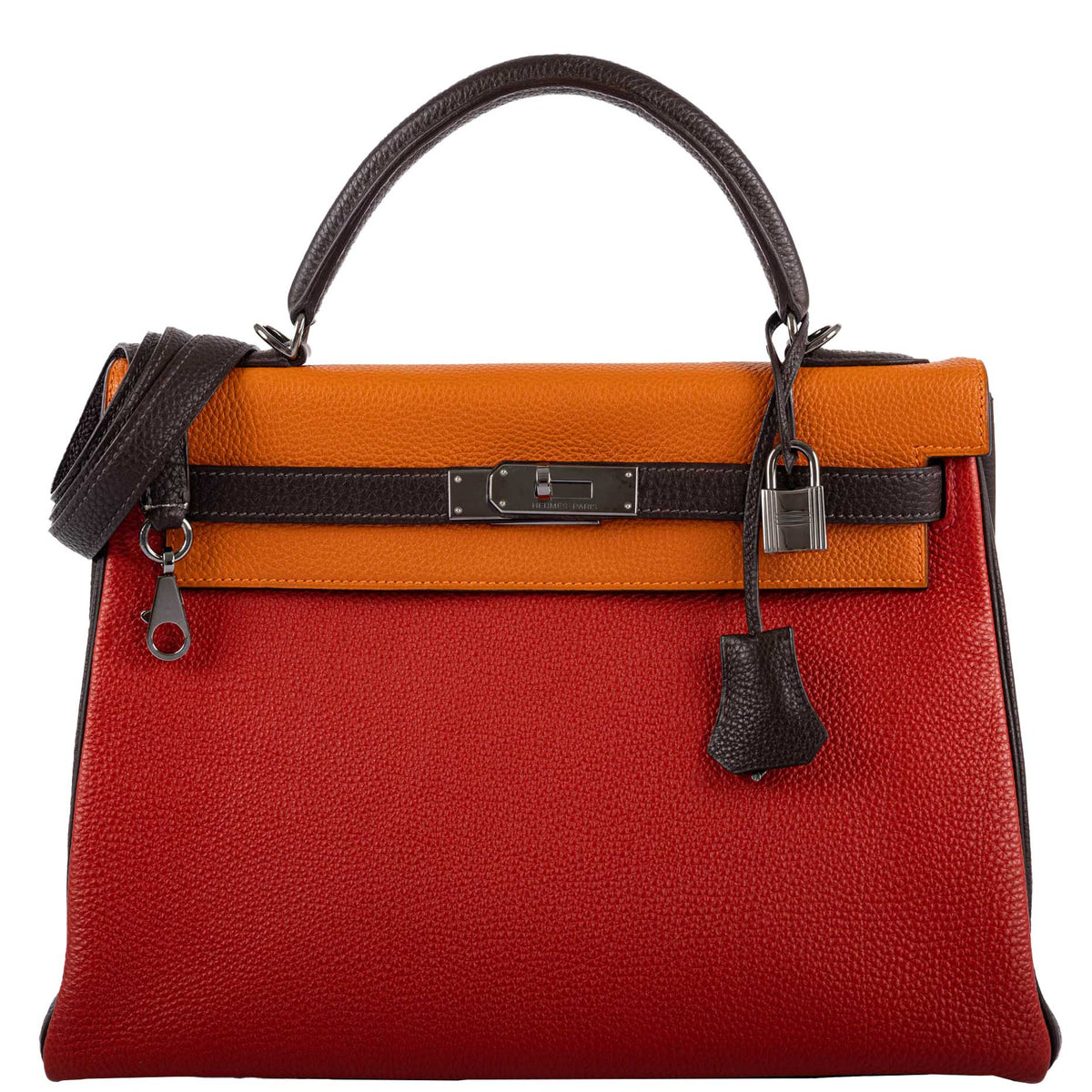 Hermes Kelly 32 Retourne Orange H, Rouge Vif & Ebene Togo with Ruthenium Hardware Hermes