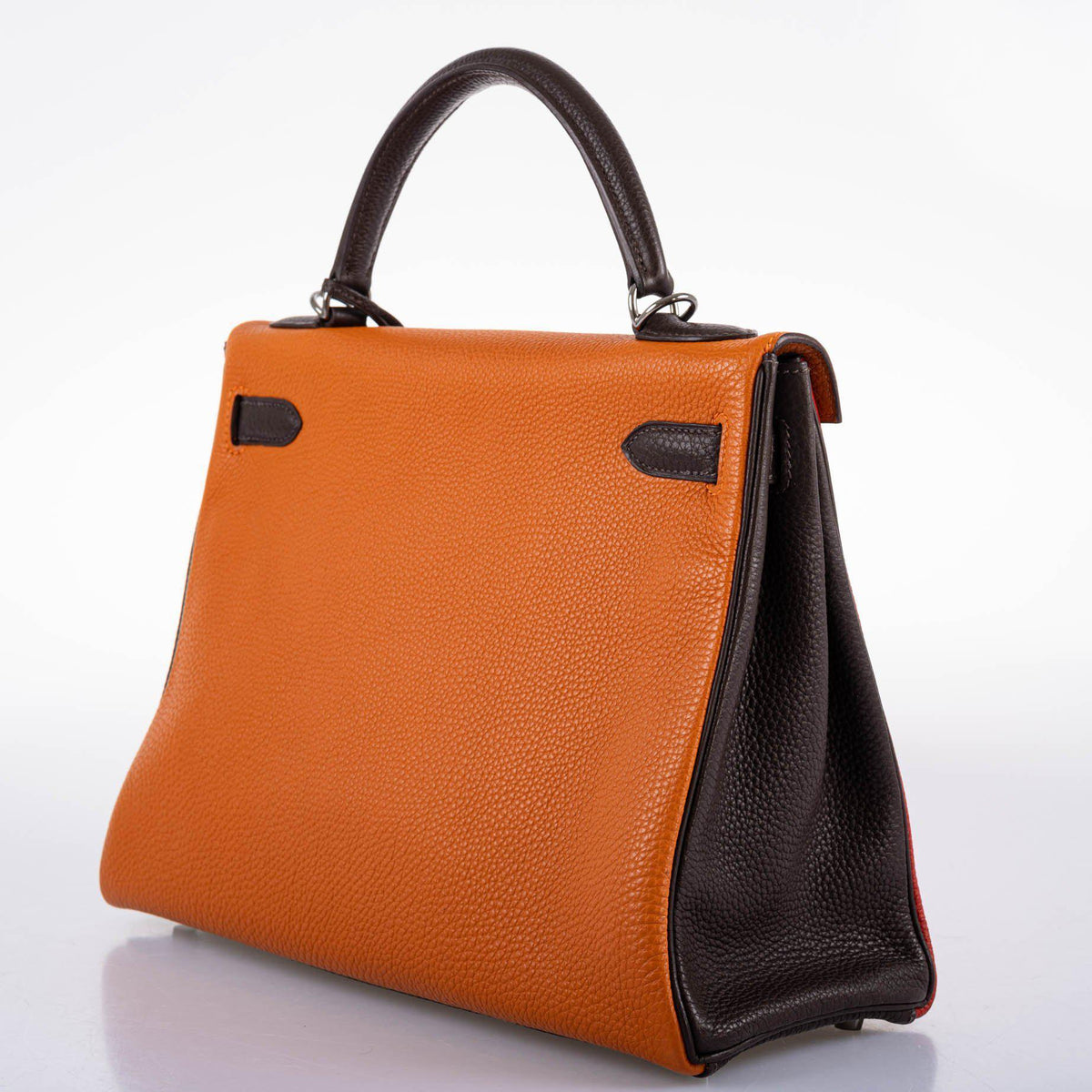 Hermes Kelly 32 Retourne Orange H, Rouge Vif & Ebene Togo with Ruthenium Hardware Hermes