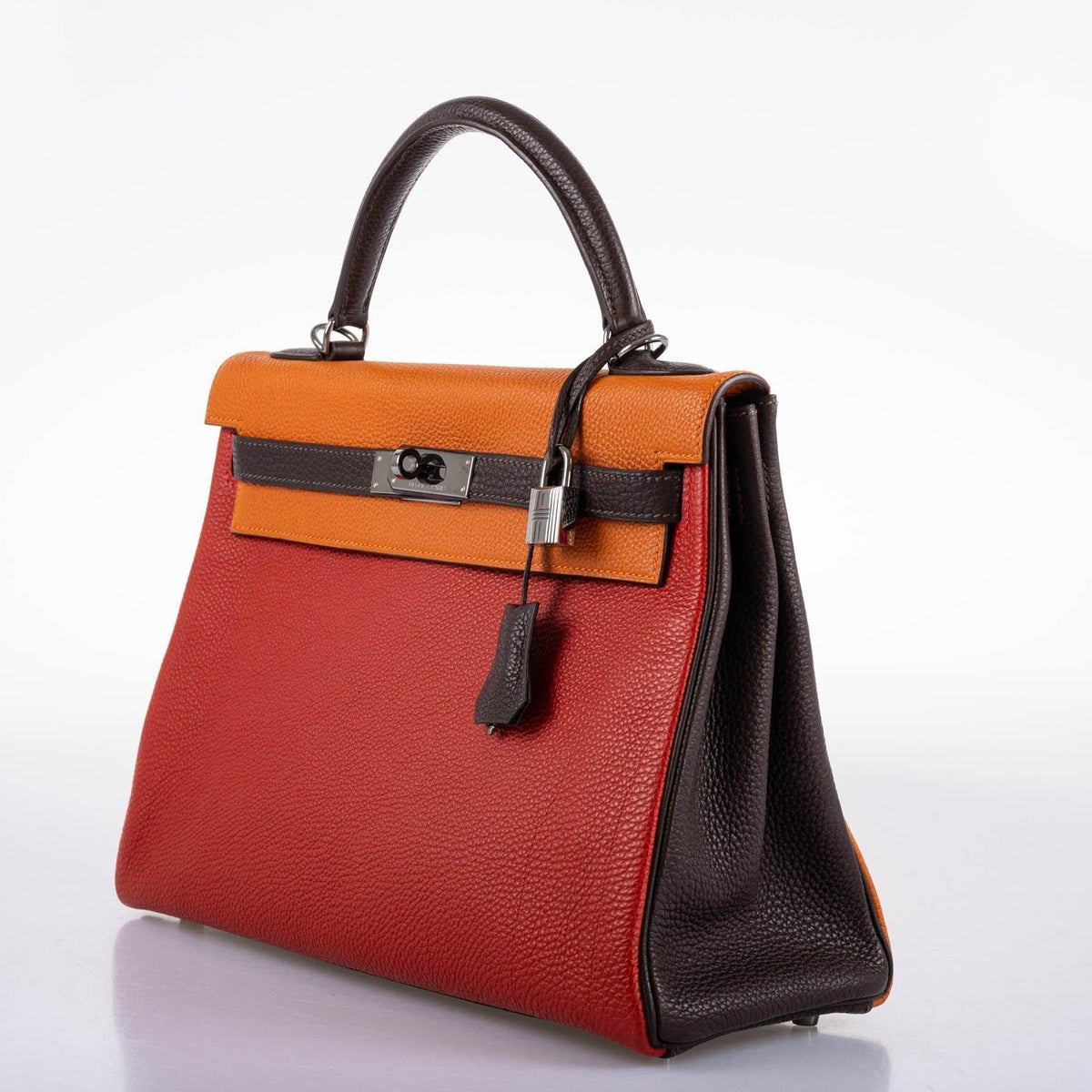 Hermes Kelly 32 Retourne Orange H, Rouge Vif & Ebene Togo with Ruthenium Hardware Hermes