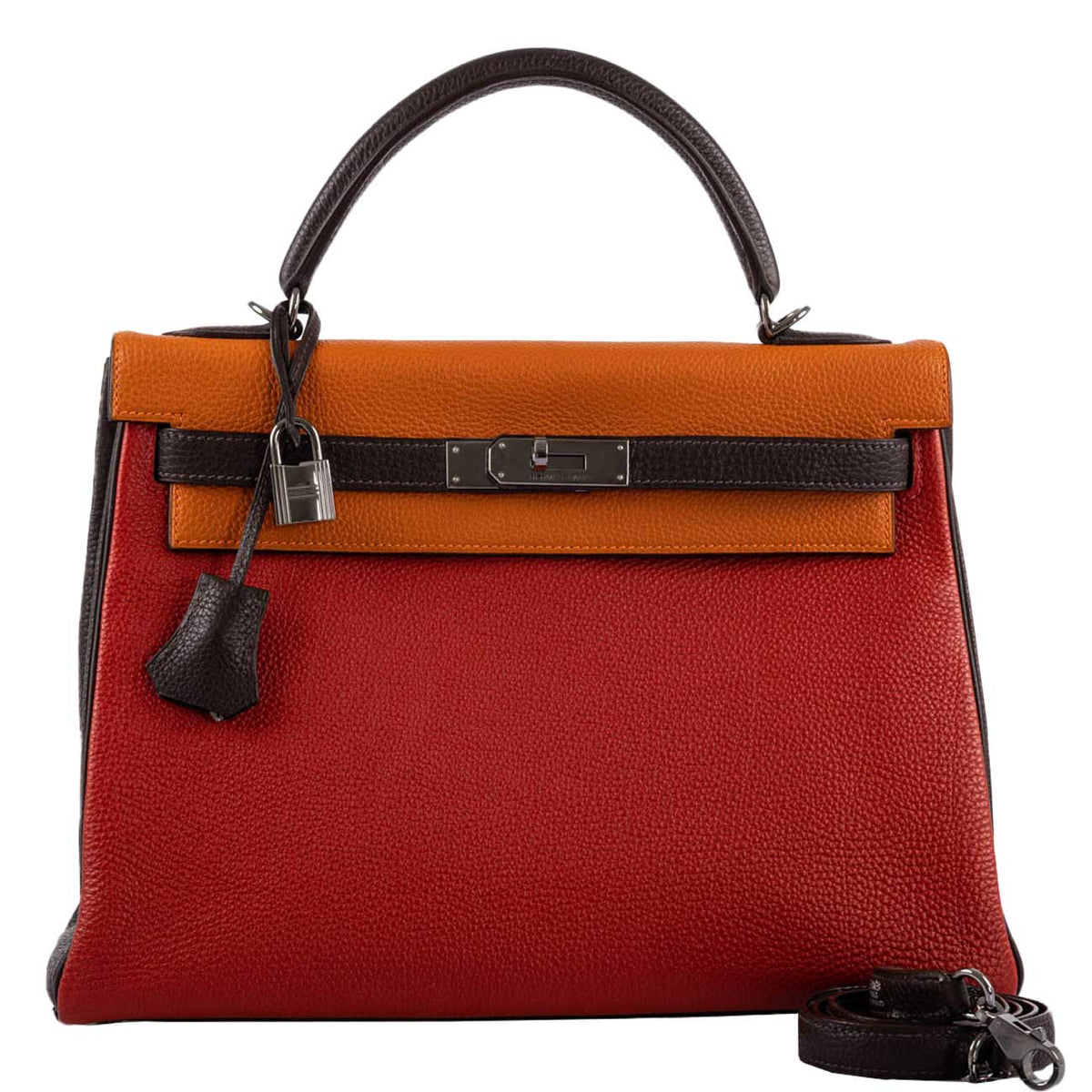 Hermes Kelly 32 Retourne Orange H, Rouge Vif & Ebene Togo with Ruthenium Hardware Hermes