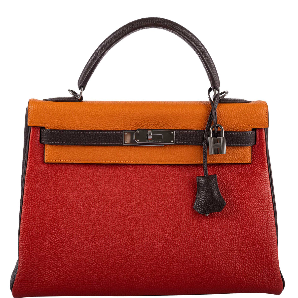 Hermes Kelly 32 Retourne Orange H, Rouge Vif & Ebene Togo with Ruthenium Hardware Hermes