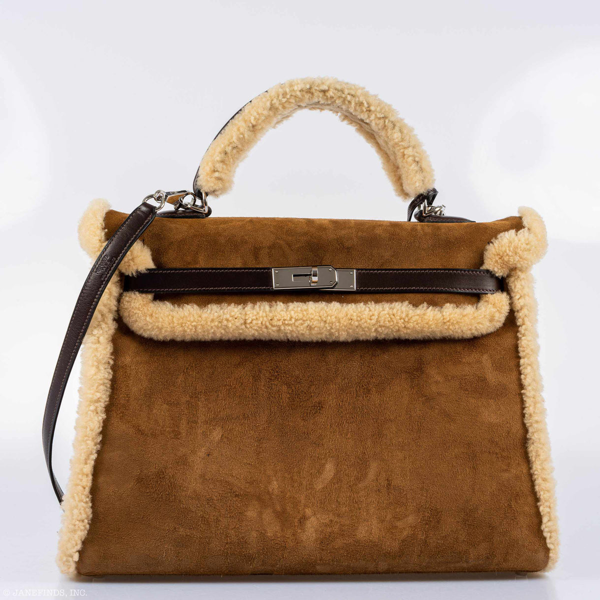 Hermes Kelly 35 Retourne Teddy Shearling & Ebene Barenia Palladium Hardware Hermes