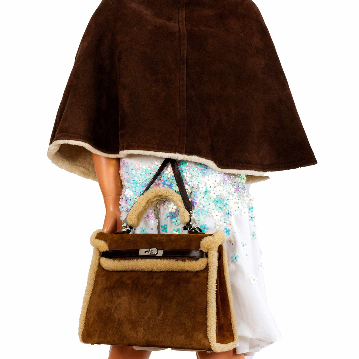 Hermes Kelly 35 Retourne Teddy Shearling & Ebene Barenia Palladium Hardware Hermes