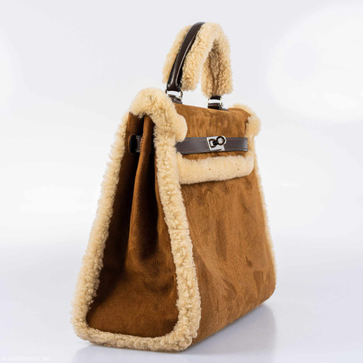 Hermes Kelly 35 Retourne Teddy Shearling & Ebene Barenia Palladium Hardware Hermes
