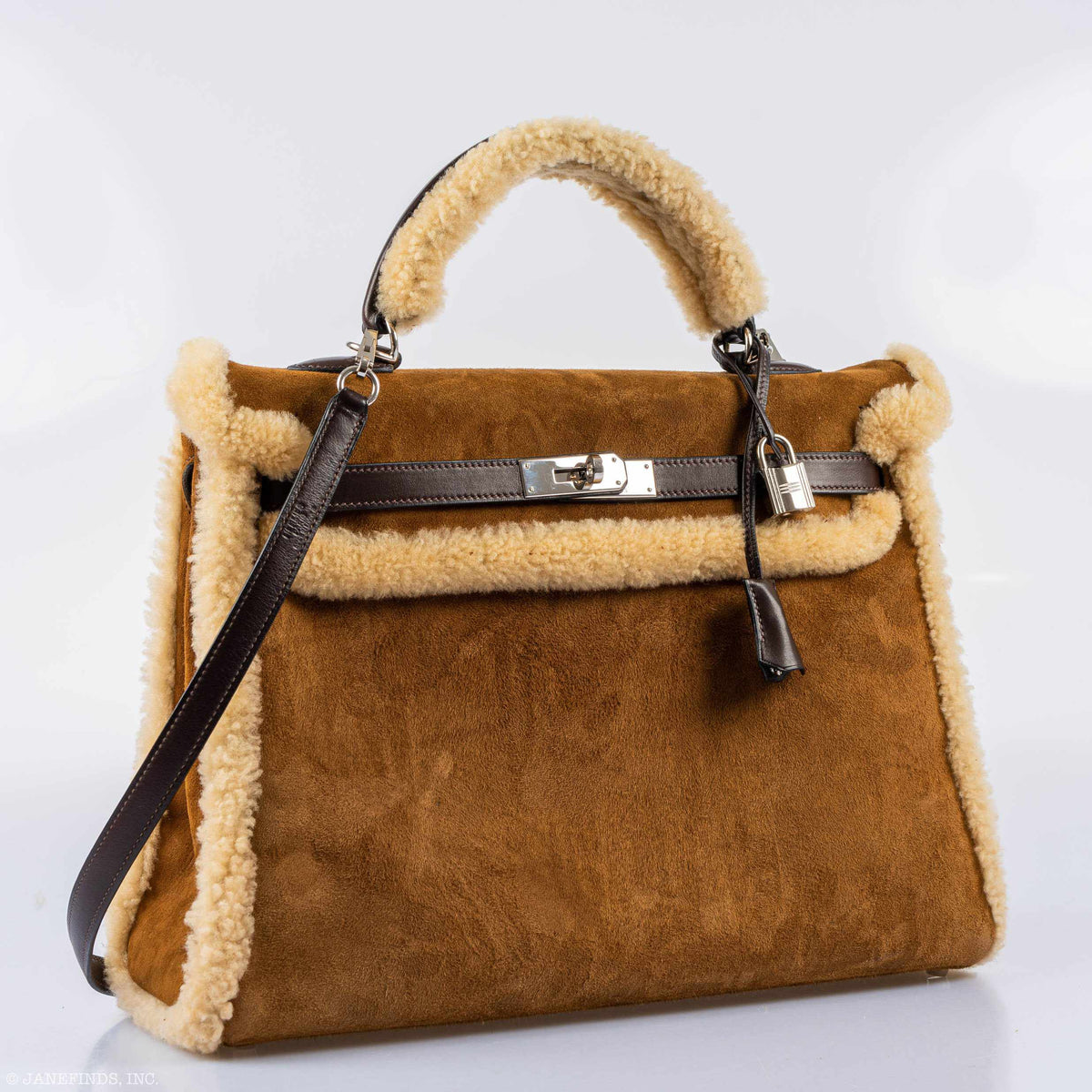 Hermes Kelly 35 Retourne Teddy Shearling & Ebene Barenia Palladium Hardware Hermes