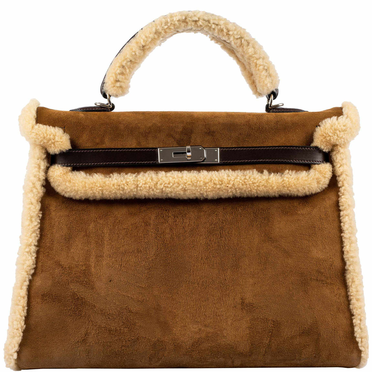 Hermes Kelly 35 Retourne Teddy Shearling & Ebene Barenia Palladium Hardware Hermes