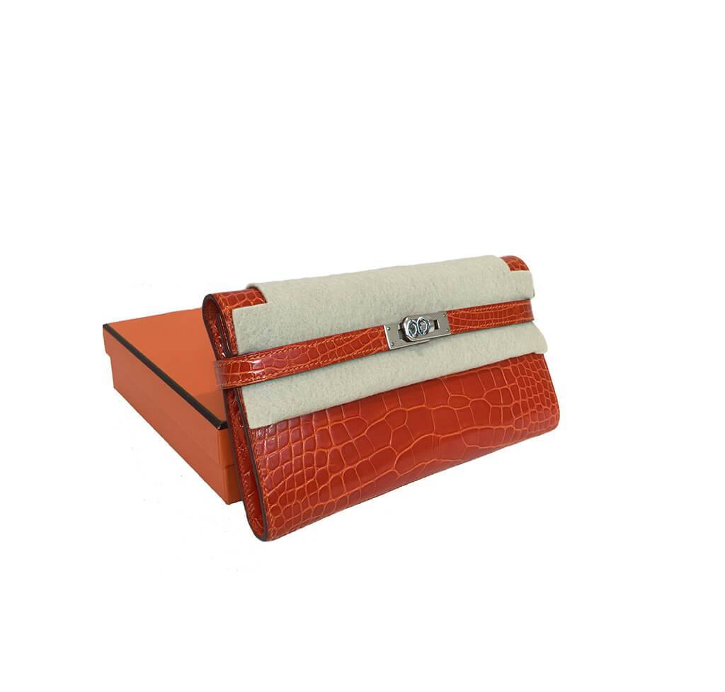 Hermès Kelly Long Wallet Orange Alligator Bag Crowned Bag
