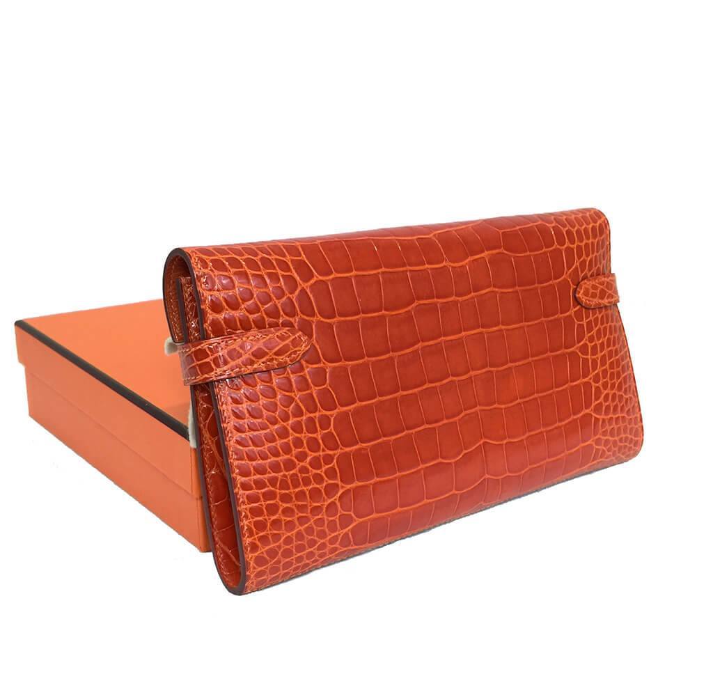 Hermès Kelly Long Wallet Orange Alligator Bag Crowned Bag