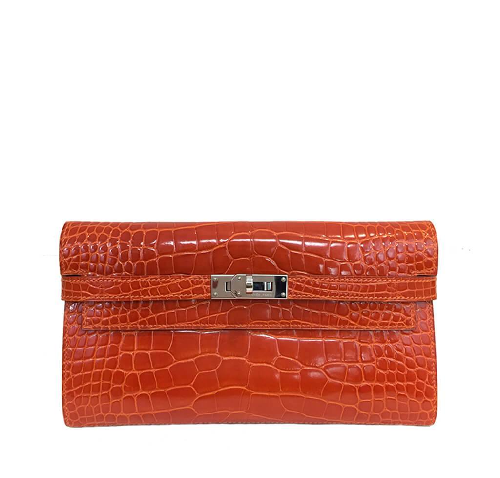 Hermès Kelly Long Wallet Orange Alligator Bag Crowned Bag