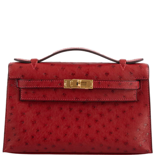 Hermes Kelly Mini Pochette Rouge Vif Ostrich Gold Hardware - 2017, A
