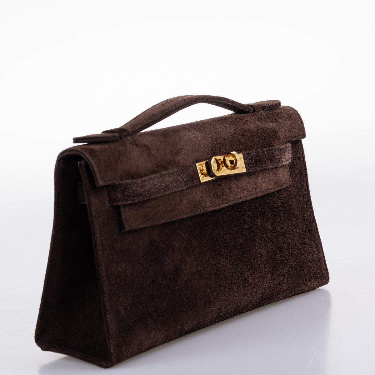 Hermes Kelly Pochette Chocolate Veau Doblis Suede Gold Hardware Hermes