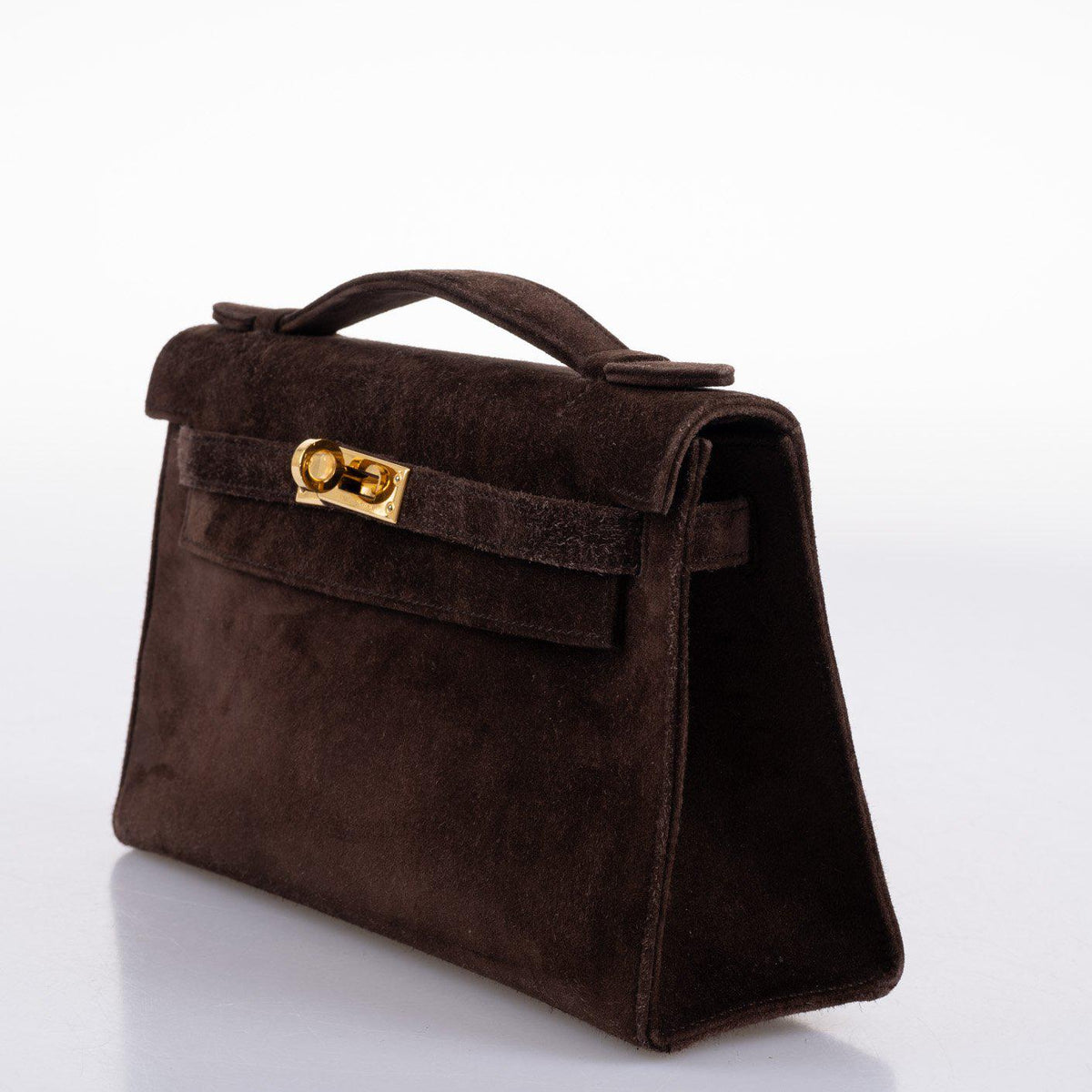 Hermes Kelly Pochette Chocolate Veau Doblis Suede Gold Hardware Hermes