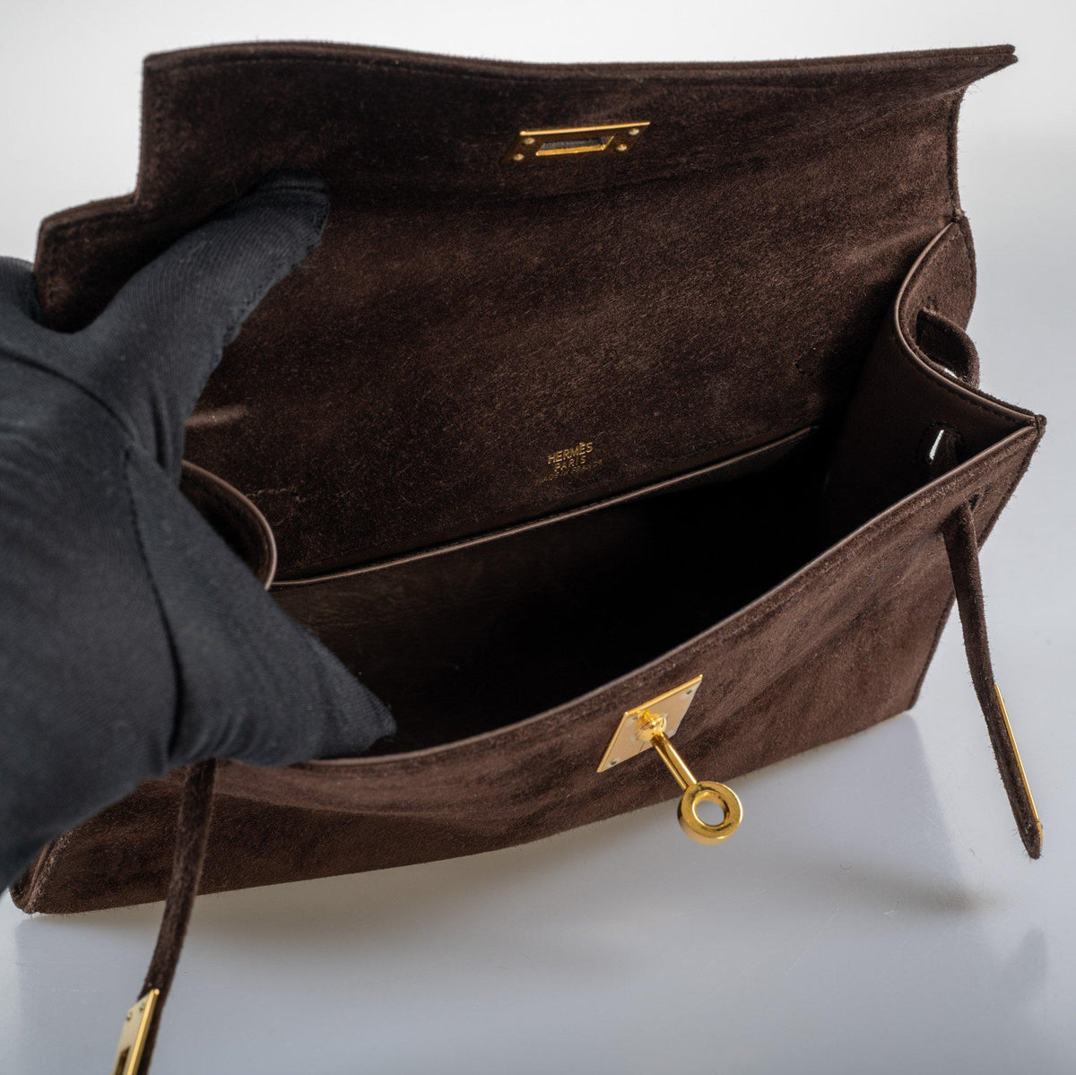 Hermes Kelly Pochette Chocolate Veau Doblis Suede Gold Hardware Hermes