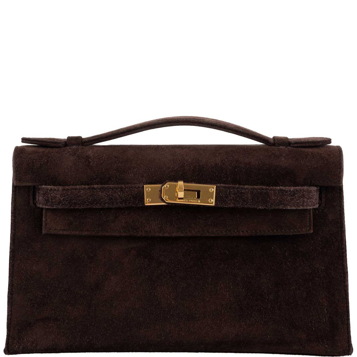 Hermes Kelly Pochette Chocolate Veau Doblis Suede Gold Hardware Hermes