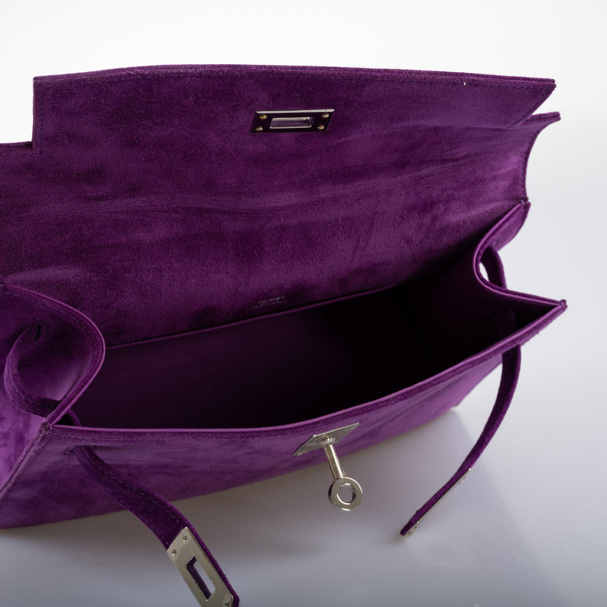 Hermes Kelly Pochette Violet Veau Doblis Suede Palladium Hardware Hermes