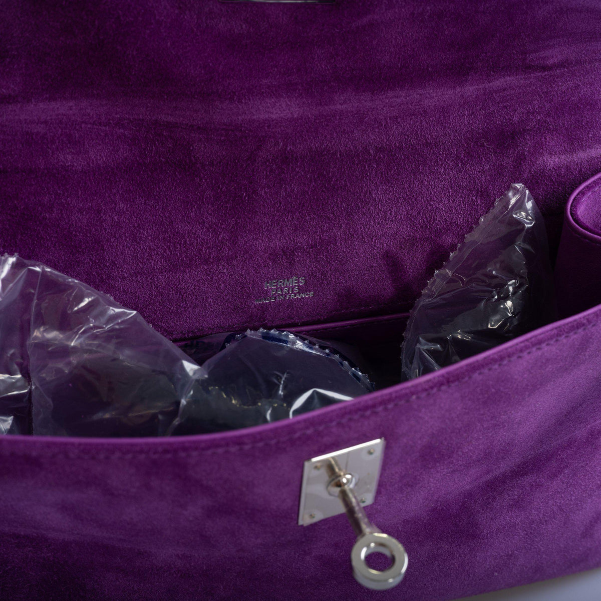 Hermes Kelly Pochette Violet Veau Doblis Suede Palladium Hardware Hermes