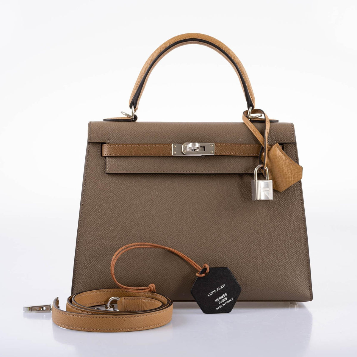 Hermes Limited Edition Sellier Kelly 25 Etoupe, Alezan & Biscuit Epsom with Palladium Hardware Hermes