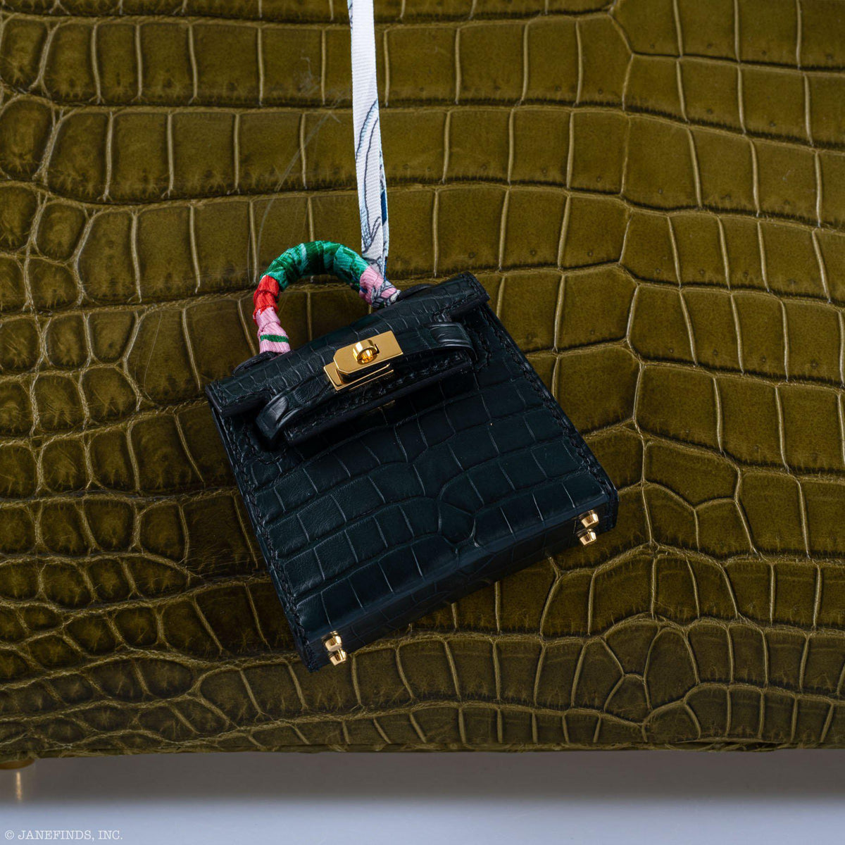 Hermes Micro Kelly Twilly Charm Vert Cyprès Matte Croc Gold Hardware Hermes